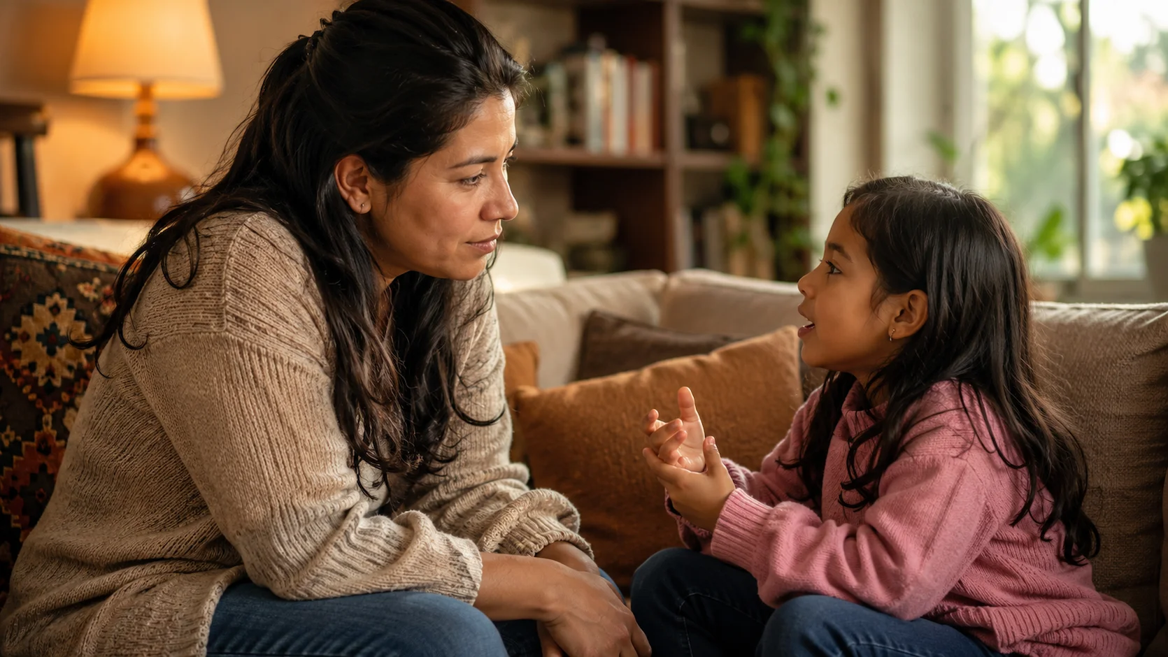 Madre ecuatoriana hablando con su hijo de manera empática y calmada en casa
