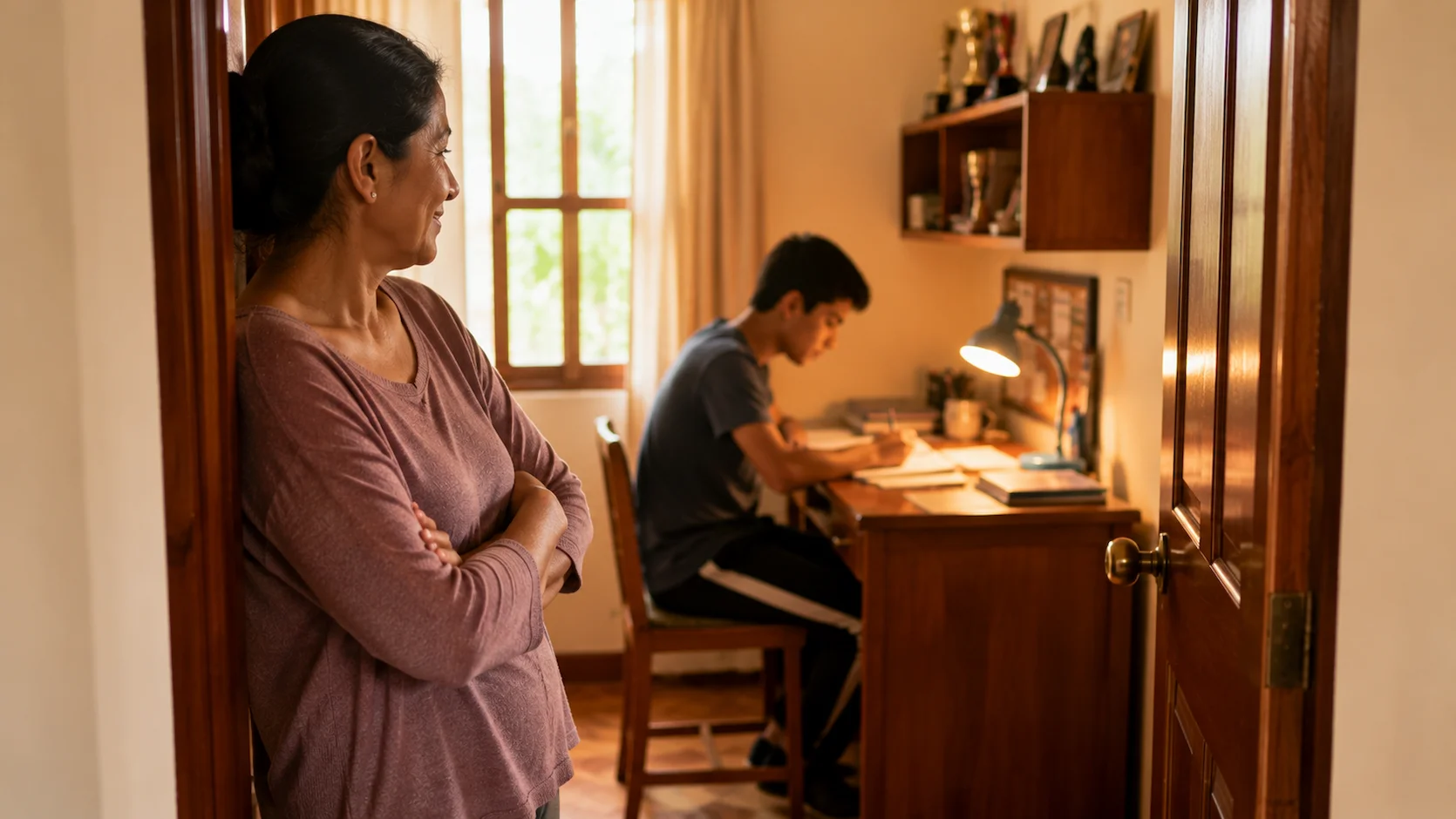Madre ecuatoriana observando desde la distancia con satisfacción cómo su hijo adolescente estudia solo en su escritorio, sin intervenir, respetando su espacio de autonomía