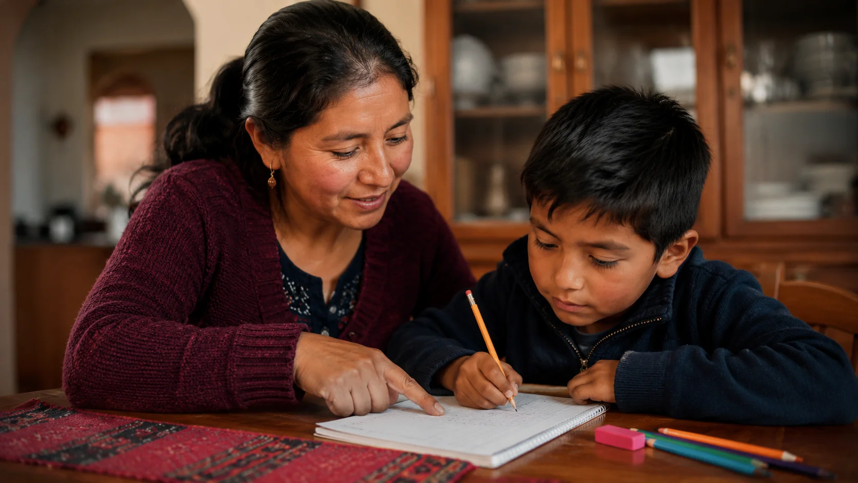 Madre ecuatoriana ayudando a su hijo con deberes de matemáticas en la mesa del comedor