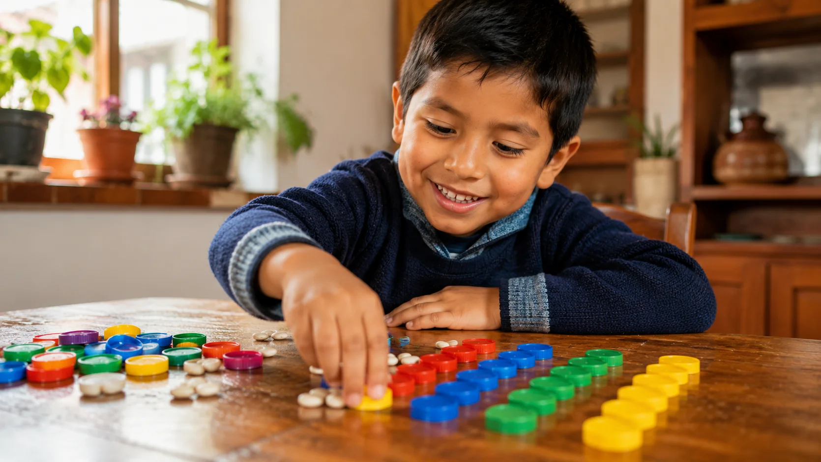 Niño ecuatoriano pequeño aprendiendo matemáticas con objetos manipulativos coloridos en casa
