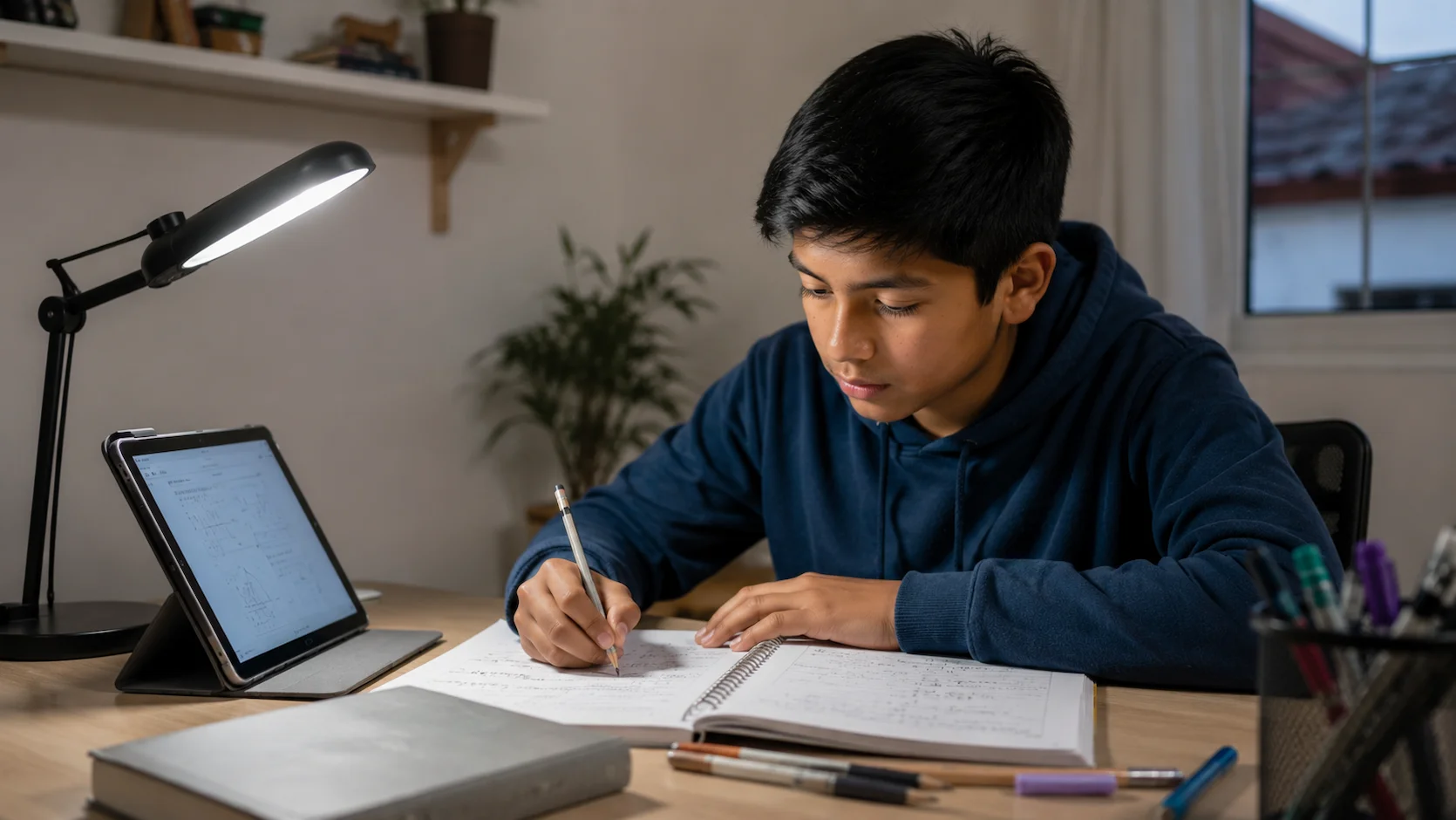 Adolescente ecuatoriano estudiando matemáticas con tablet y cuaderno en su espacio de estudio en casa