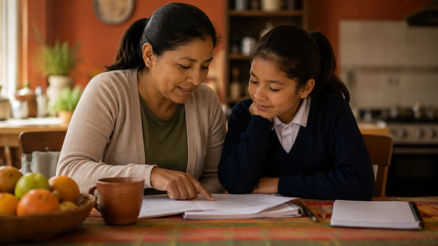 Padre e hijo ecuatorianos revisando documentos del nuevo colegio juntos en casa