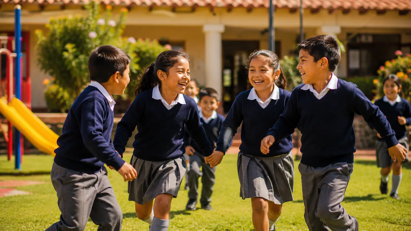 Niño ecuatoriano integrado felizmente con nuevos amigos en el recreo de su nuevo colegio
