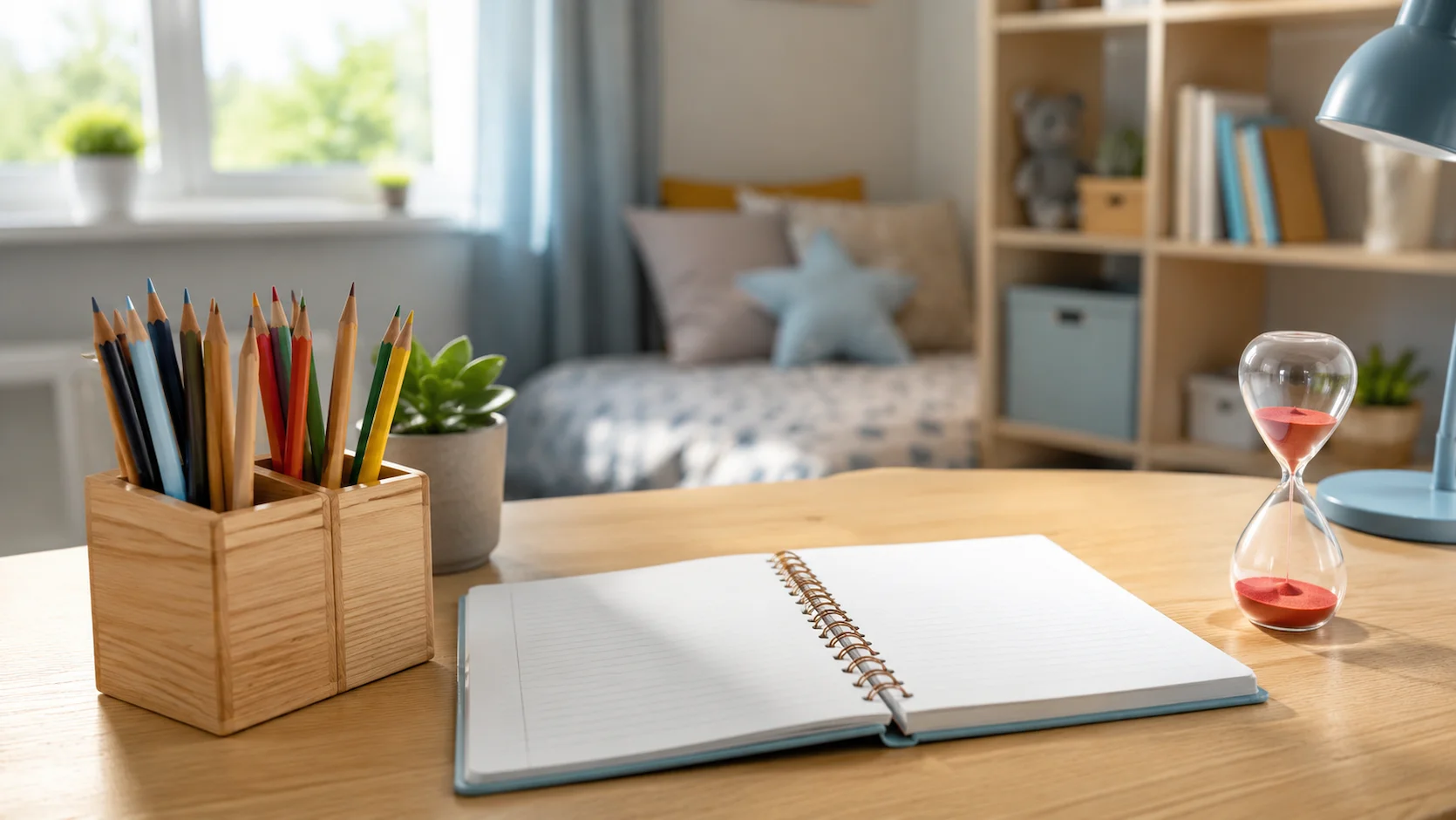 Un rincón de estudio infantil ordenado y acogedor con un escritorio de madera, luz natural de ventana, organizador de lápices de colores y un reloj de arena de colores que marca el tiempo de descanso
