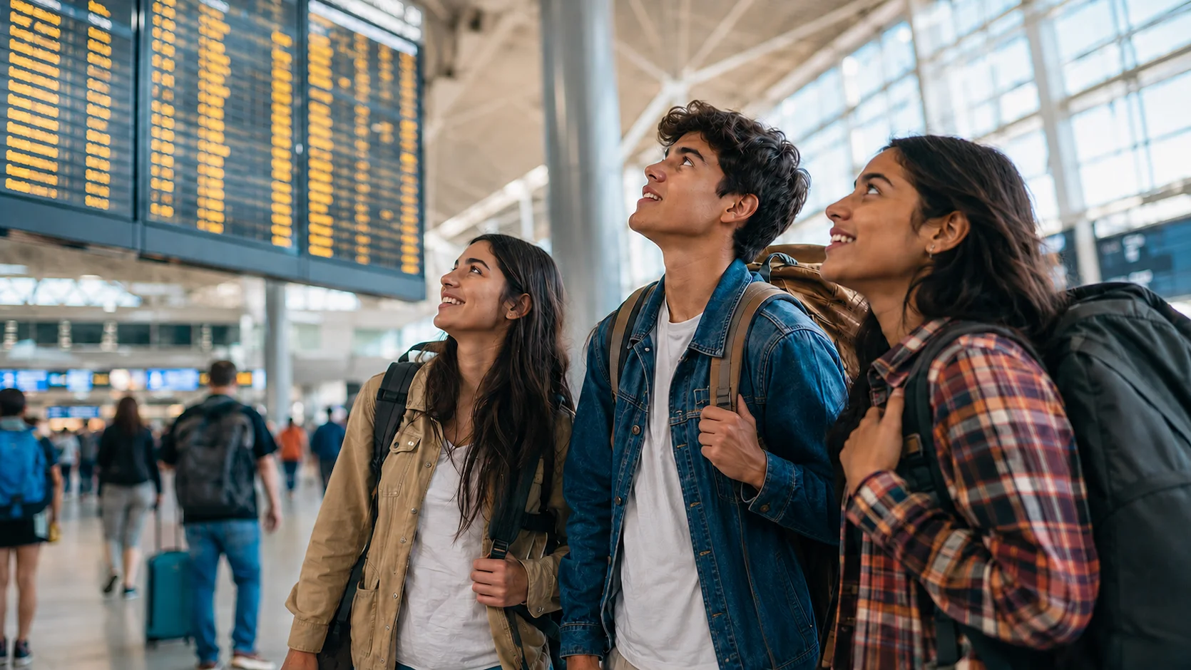 Grupo de jóvenes estudiantes ecuatorianos con mochilas de viaje en un aeropuerto internacional, emocionados antes de embarcar hacia su destino de intercambio