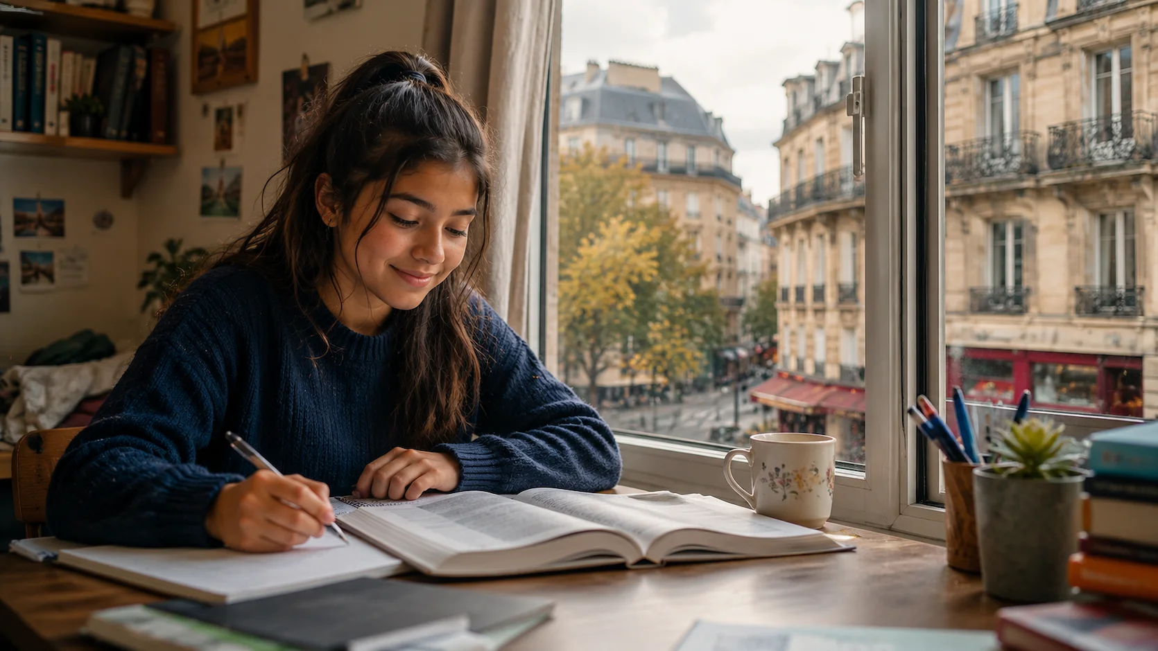 Estudiante ecuatoriana adolescente sentada en un escritorio de una familia anfitriona en el extranjero, estudiando con libros de otro idioma y sonriendo frente a una ventana con vista a una ciudad europea