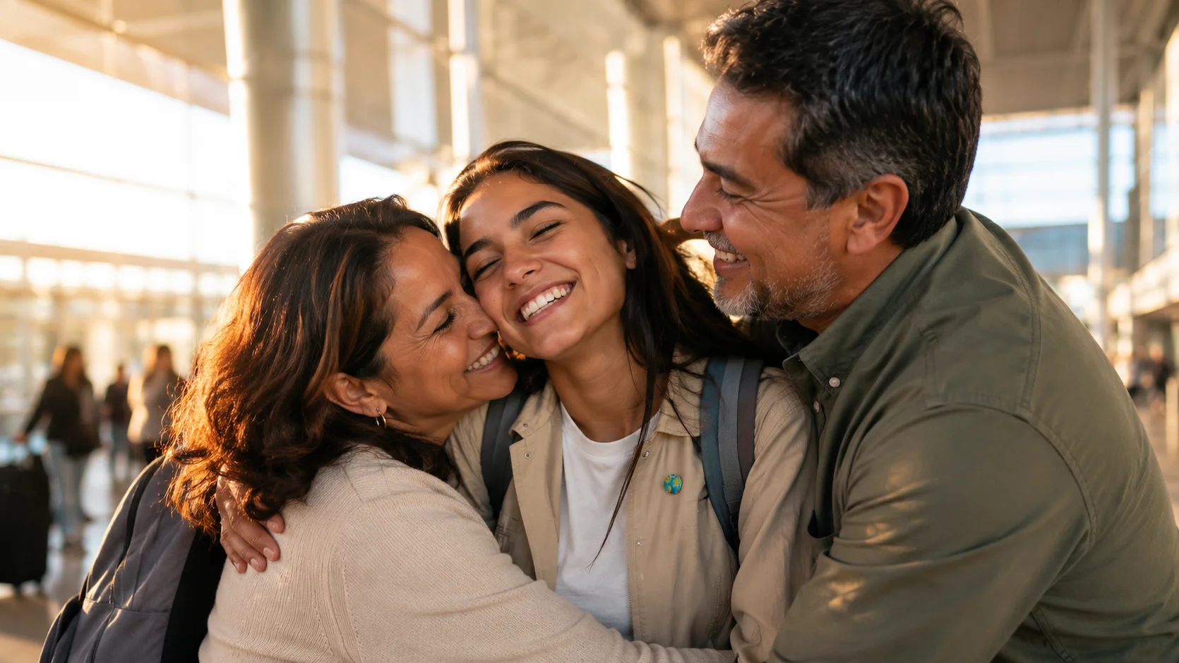 Joven ecuatoriana de regreso a casa después de un intercambio, siendo recibida con abrazos por su familia en el aeropuerto de Quito, con una mochila de viaje y expresión de alegría