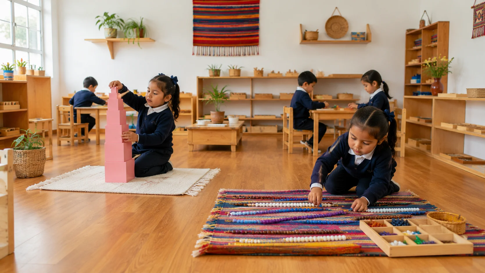 Niños ecuatorianos trabajando con materiales Montessori en un salón de clase