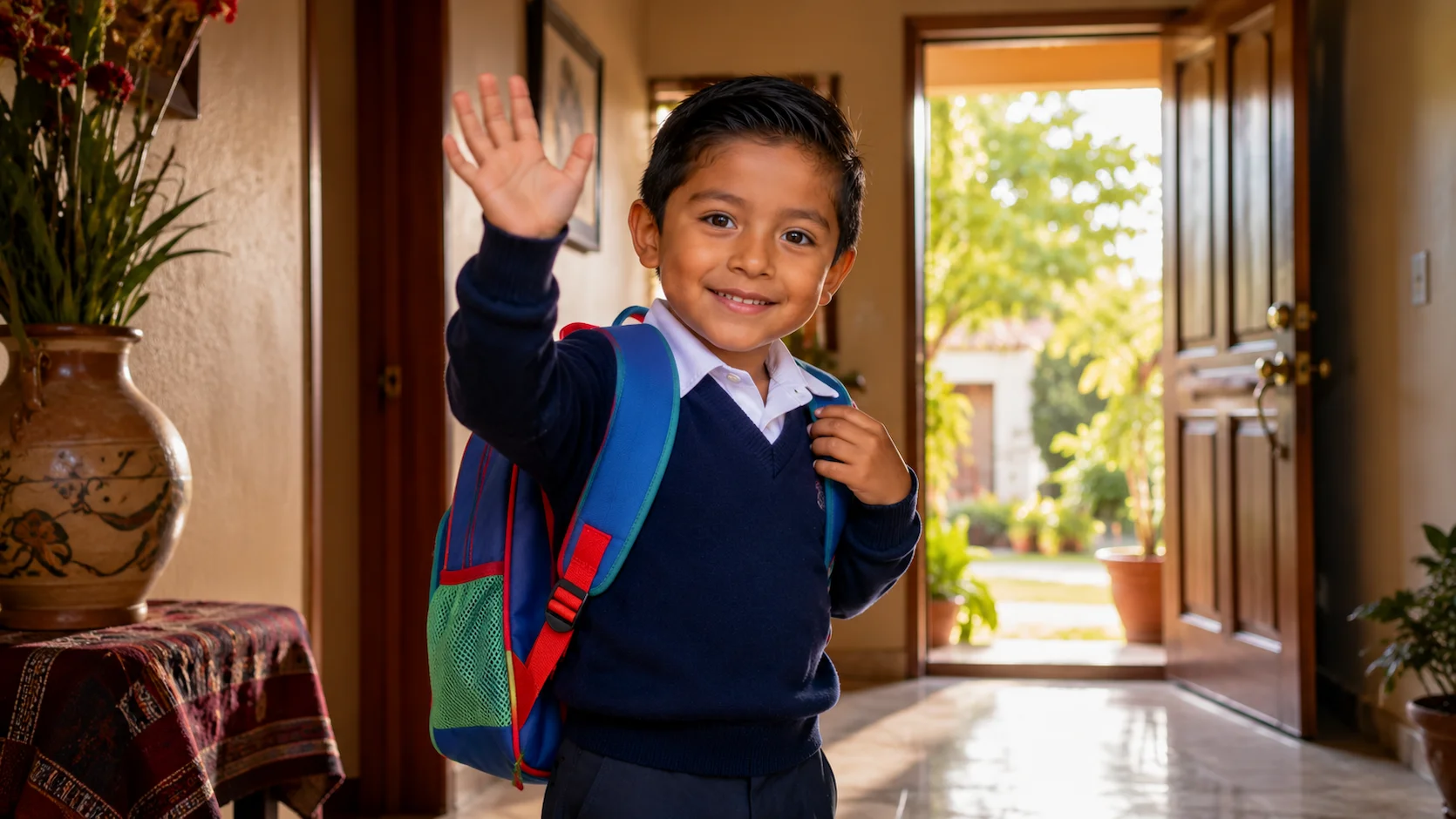 Niño ecuatoriano de uniforme con mochila nueva saludando con entusiasmo en la puerta de su colegio el primer día de clases
