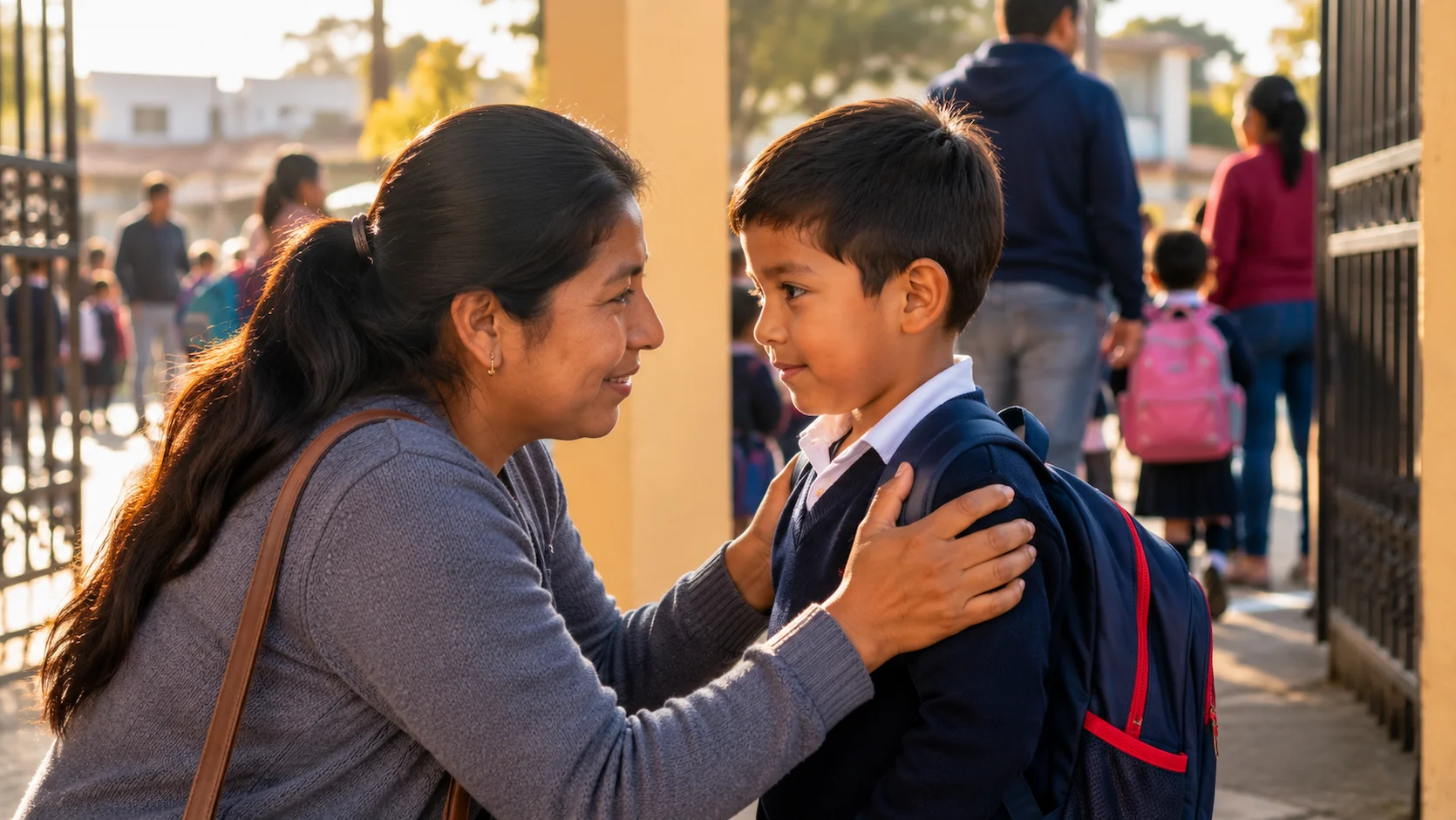 Madre ecuatoriana agachada al nivel de su hijo pequeño en uniforme escolar, dándole un abrazo cálido en la entrada del colegio antes de despedirse