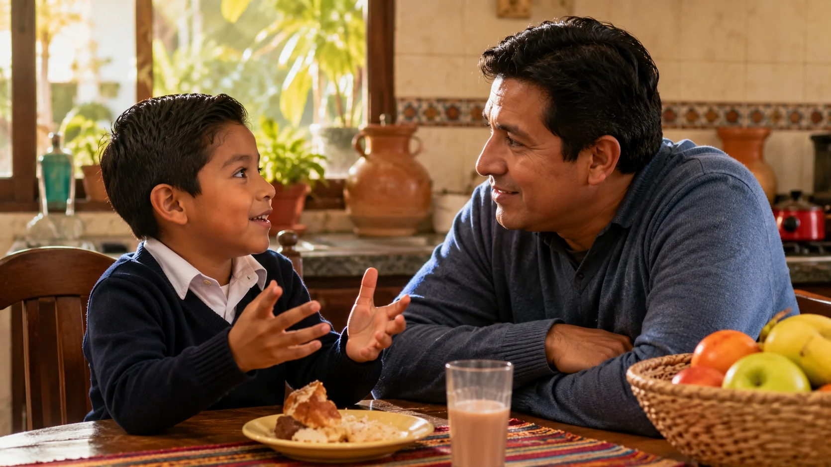 Padre ecuatoriano sentado en la mesa de la cocina escuchando atentamente a su hijo de uniforme escolar que gesticula y cuenta cómo le fue en su primer día de clases