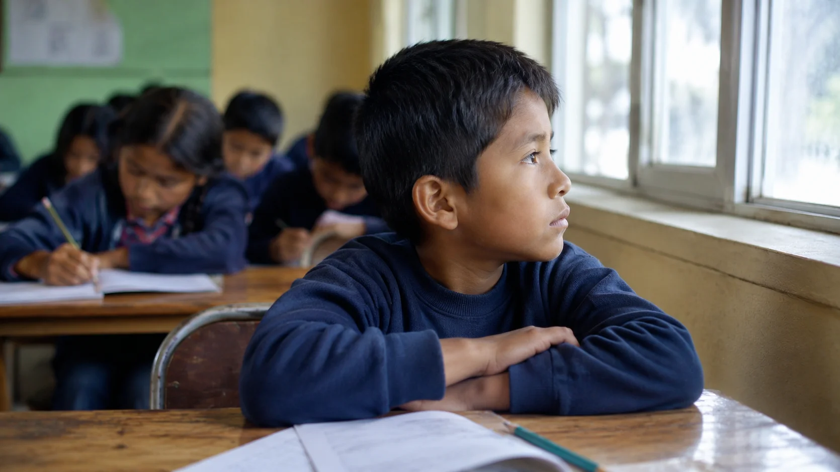 Un niño ecuatoriano de unos 8 años sentado en un aula de clase mirando distraídamente por la ventana mientras sus compañeros escriben en sus cuadernos en el fondo