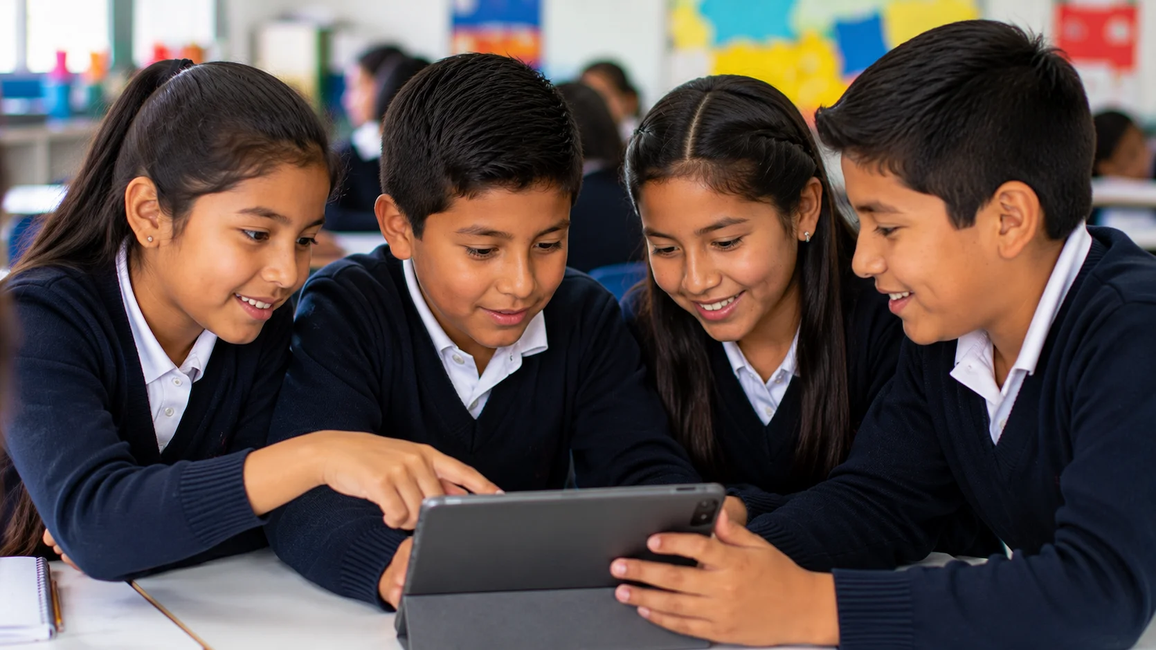 Estudiantes ecuatorianos usando tablets en un aula moderna con luz natural