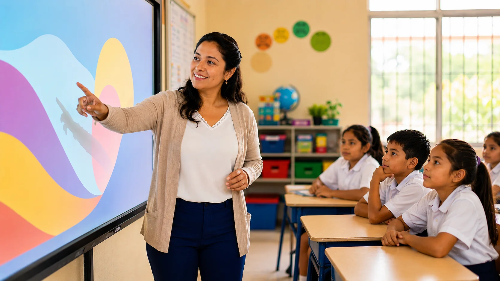 Docente ecuatoriana usando un proyector digital en una clase de primaria en Ecuador