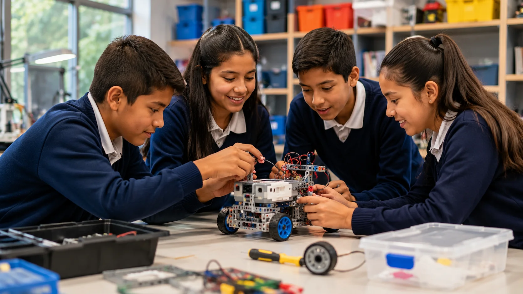Estudiantes ecuatorianos colaborando en un proyecto de robótica educativa en un laboratorio escolar