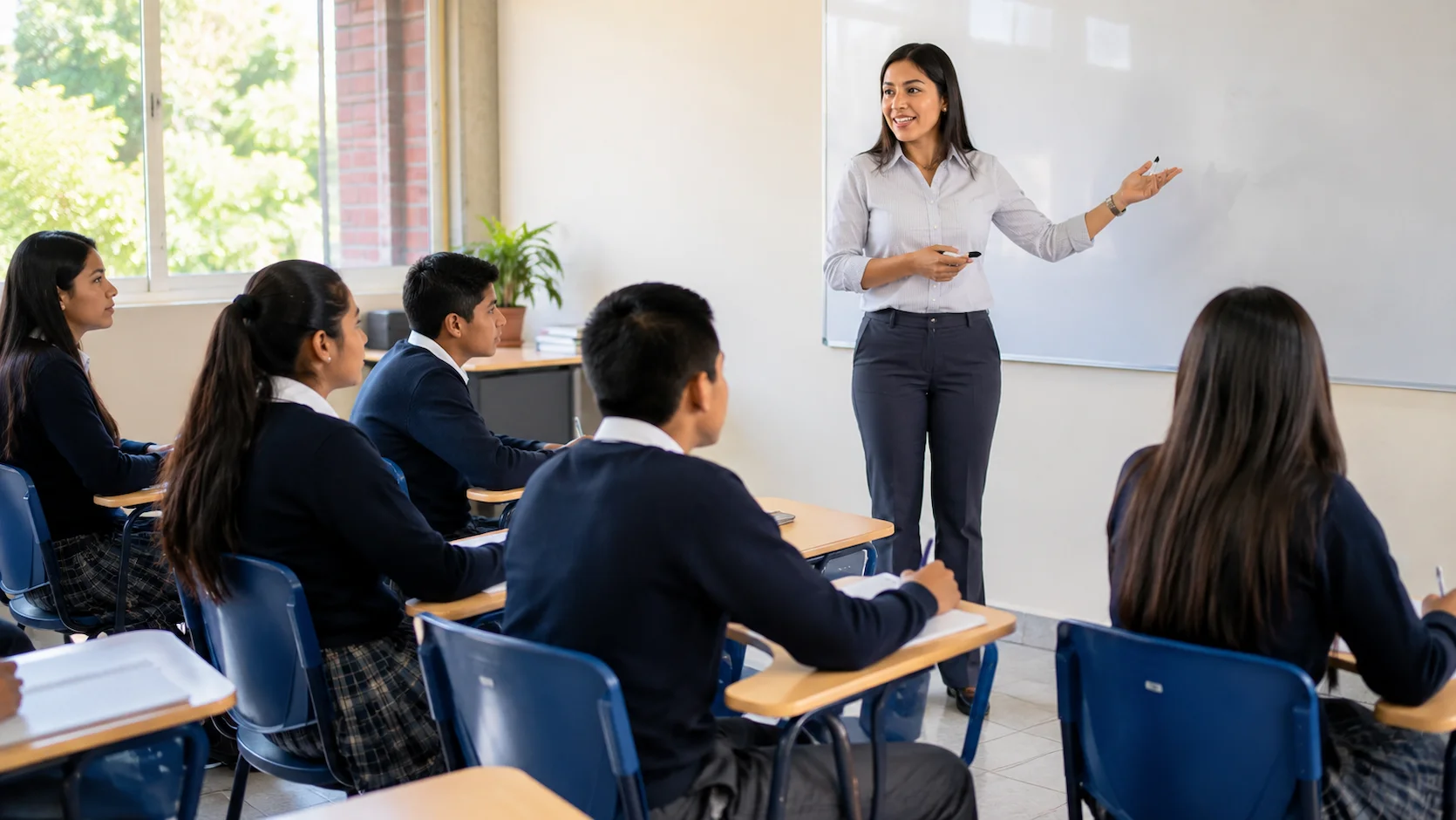 Docente ecuatoriana explicando clase en pizarra mientras estudiantes atienden sin celulares
